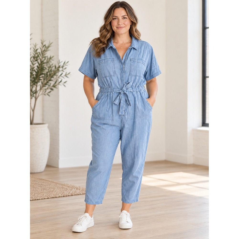 Universal Thread Women 12 Chambray Utility Jumpsuit Boiler Suit Coastal Workwear